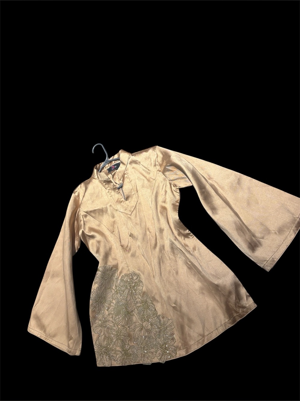 Vintage Bronze Satin Tunic Bell sleeves Top with Floral Embroidery Sz Large